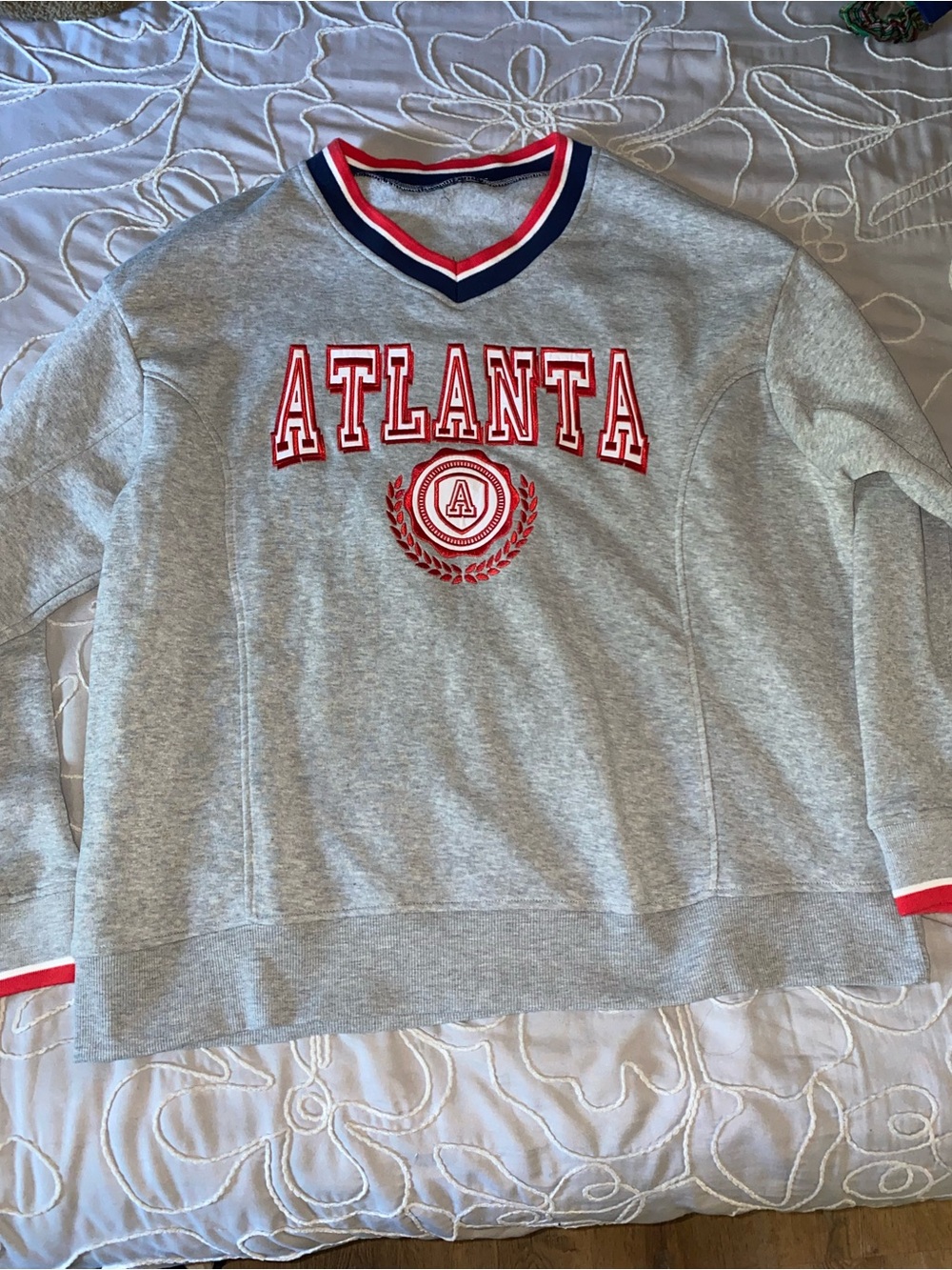 Forever 21 Gray Crewneck Sweater with Red & Navy Trim - Atlanta Graphic